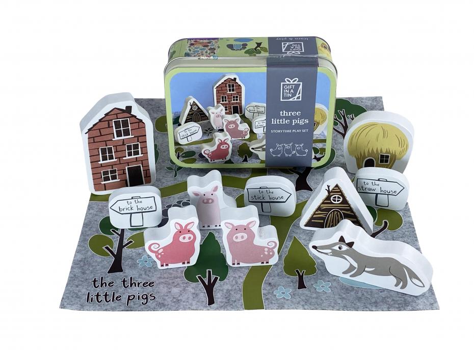 Mocked up Three Little Pigs tin and Contents